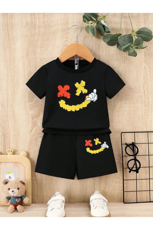Drippy Smiley Printed Kids T-Shirt Shorts Bottom-Top Set