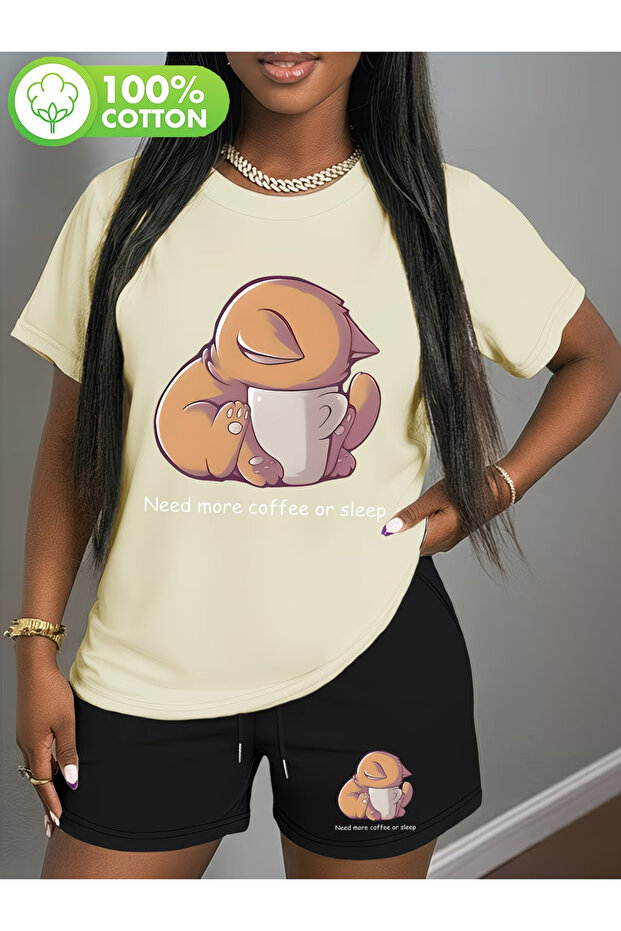 Cat Printed Soft Short Sleeve Top and Shorts Set