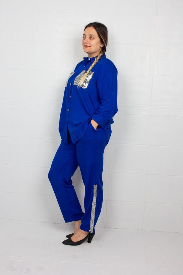 Eye-Catching Blue: Sequin Embroidered Shirt & Trousers Plus Size Combination