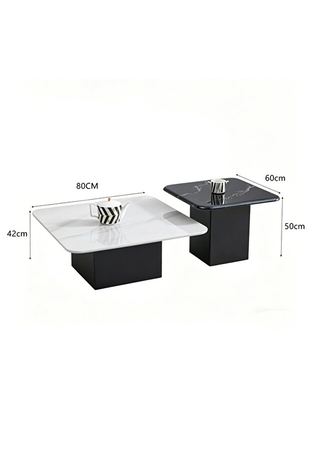 Coffee Table Glass Marble Pattern Square Side Tables,Black & White Stackable Center Tables - 6