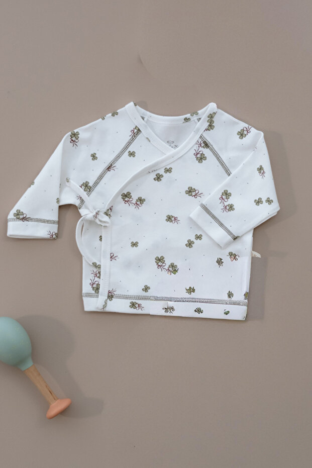 Clover Printed Double Breasted Baby Top with Tie and Stitching Detail