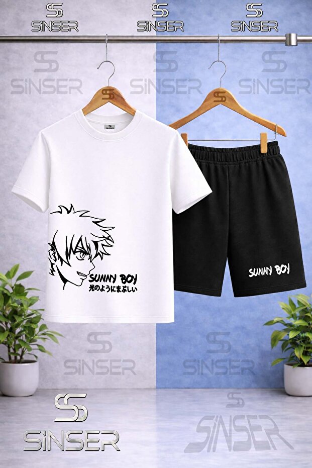 Kids' Sunny Boy Black Printed Crew Neck T-Shirt - Shorts Set
