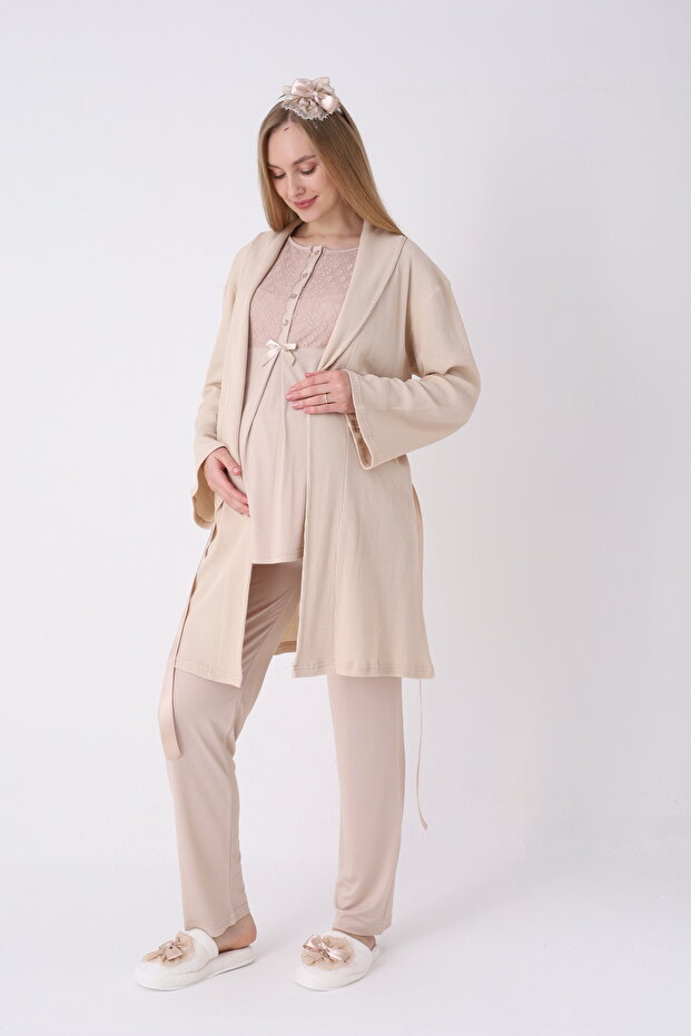 Pajama Set with Robe and Short Sleeves for Maternity and Pregnancy, Set of 3