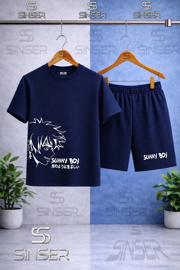 Kids' Sunny Boy White Printed Crew Neck T-Shirt - Shorts Set