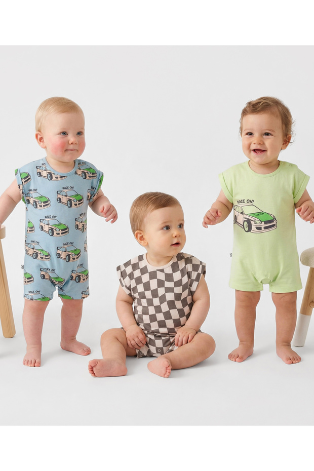 Knit Half Sleeves Racing Printed Rompers (Pack of 3) - Multicolor