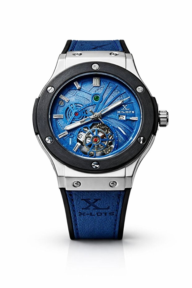 XLOTS IronX Skeleton Men’s Watch Blue Dial Leather Strap Stainless Steel Case Quartz Wristwatch