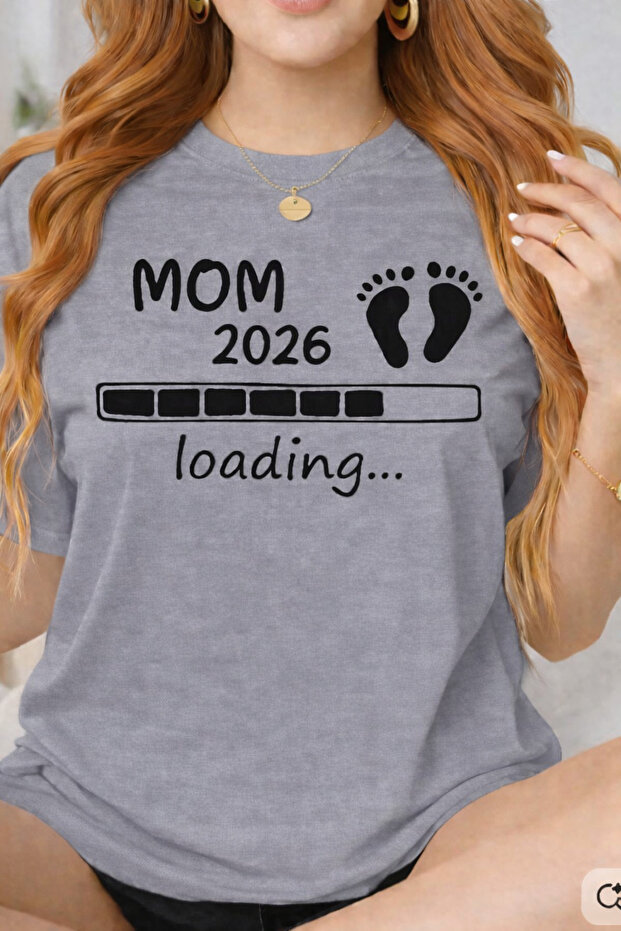 Mom 2026 Loading Printed Maternity T-Shirt Oversize Cotton Relaxed Fit Mom T-Shirt