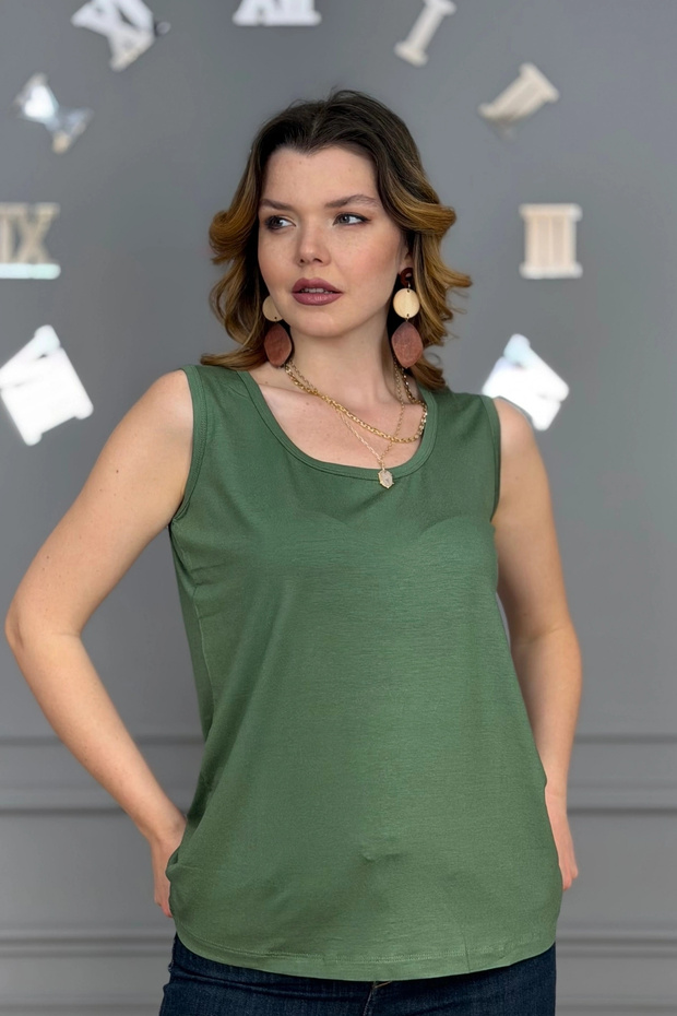 Women's khaki green u-neck blouse with thick straps, lycra cotton viscose jersey.