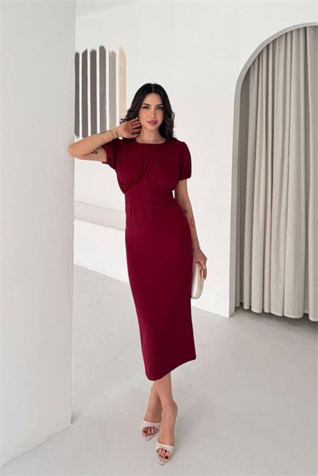 Women's Burgundy Midi Length Ruched Detailed Balloon Sleeve Slim Fit Dress Nbk4574
