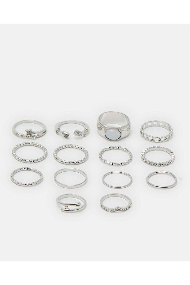 Women Silver Embellished Rings (Pack of 14)