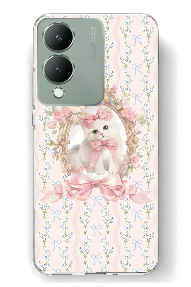 Vivo Y17S Compatible Pink Bow Cat Pattern Transparent Phone Case