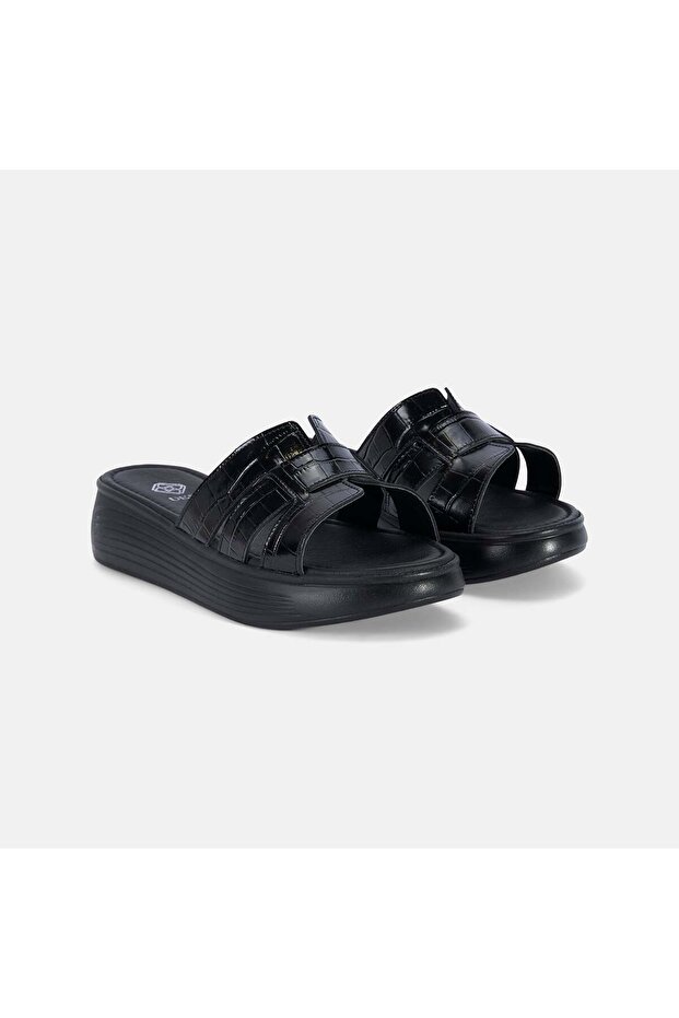 Women's Black Crocodile Printed Wedge Heeled Patent Leather Slippers