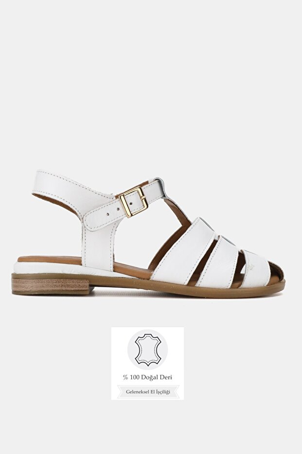 Women's White Genuine Leather Sandals with Straps, Flat Heels, Open Sides, Size 36-41