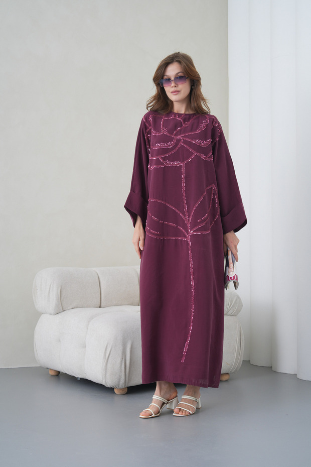 Women's Front Sequin Embroidered Loose Fit Long Linen Dress
