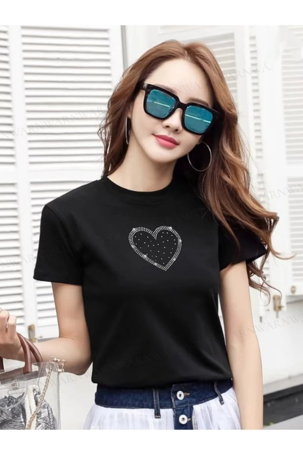 Women's Heart Stone Printed Crew Neck Slimfit T-Shirt Stretchy Lycra 100% Cotton Summer