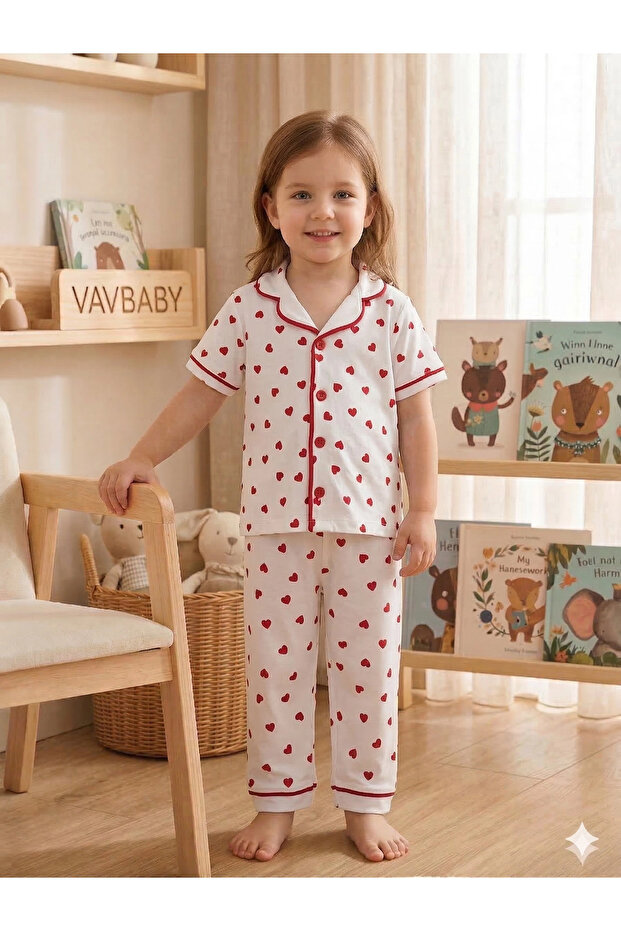 Girl's Cotton Double-Breasted Collar Front Buttoned Small Heart Patterned Seasonal Top and Bottom Pajama Set