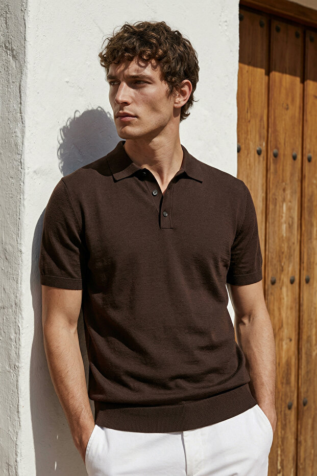 Men's Polo Collar Buttoned Short Sleeve Knitwear T-Shirt Brown 26S2016