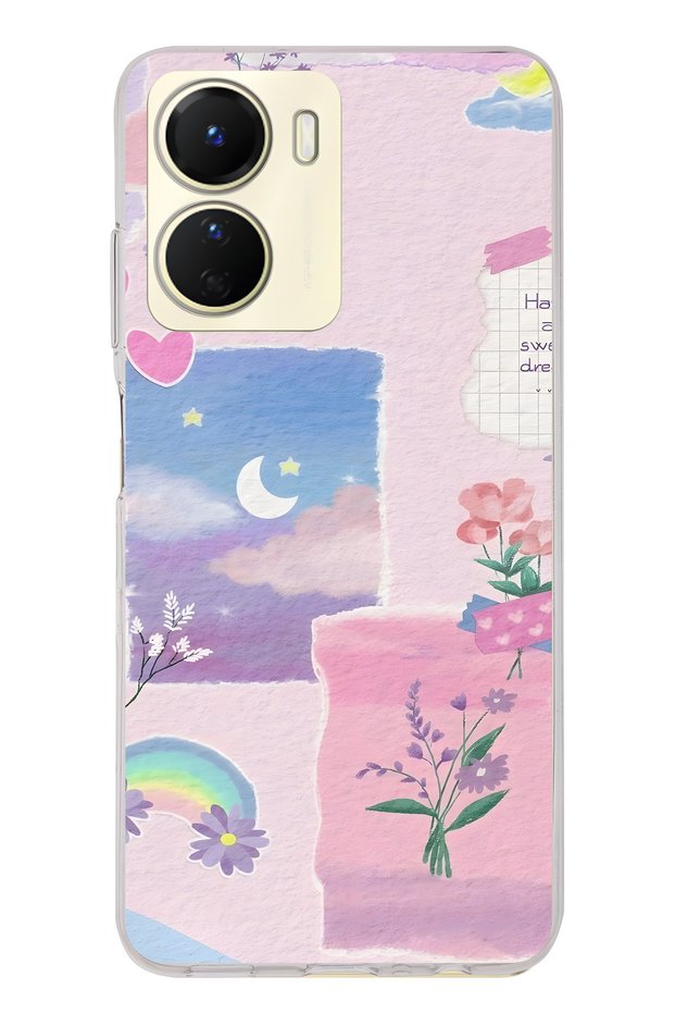 Vivo Y16 Compatible Pastel Floral Moon and Rainbow Pattern Transparent Phone Case