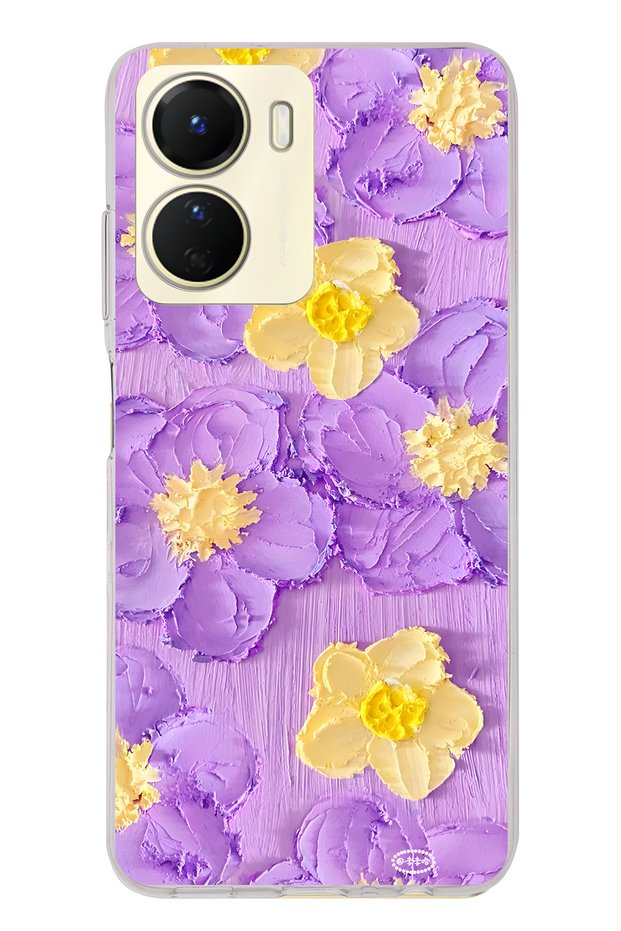 Vivo Y16 Compatible Purple Yellow Floral Pattern Transparent Phone Case