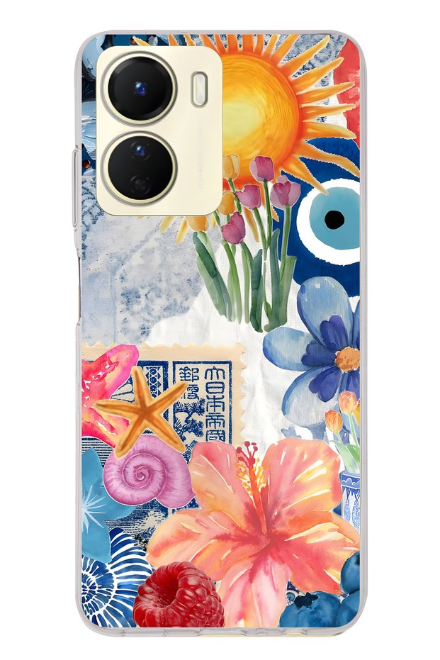 Vivo Y16 Compatible Transparent Phone Case with Sunflowers and Evil Eye Pattern