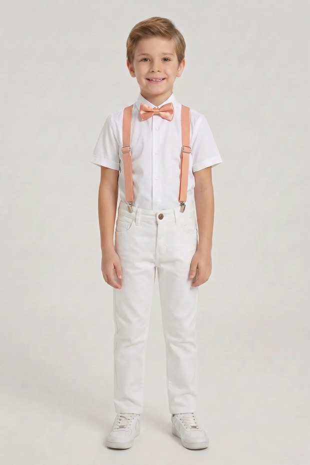 Boy's White Short Sleeve Shirt White Pants Salmon Suspenders Bow Tie Set April 23 October 29