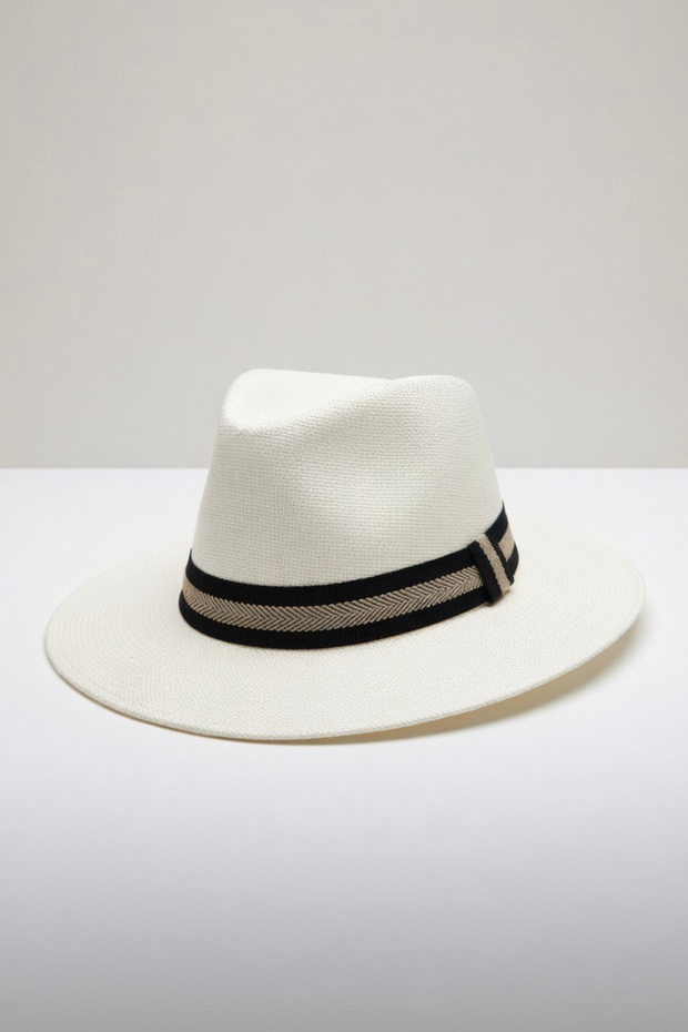 Men's White Panama Summer Classic Hat - Straw Model with Black Stripes, Suitable for Daily Use and Beach