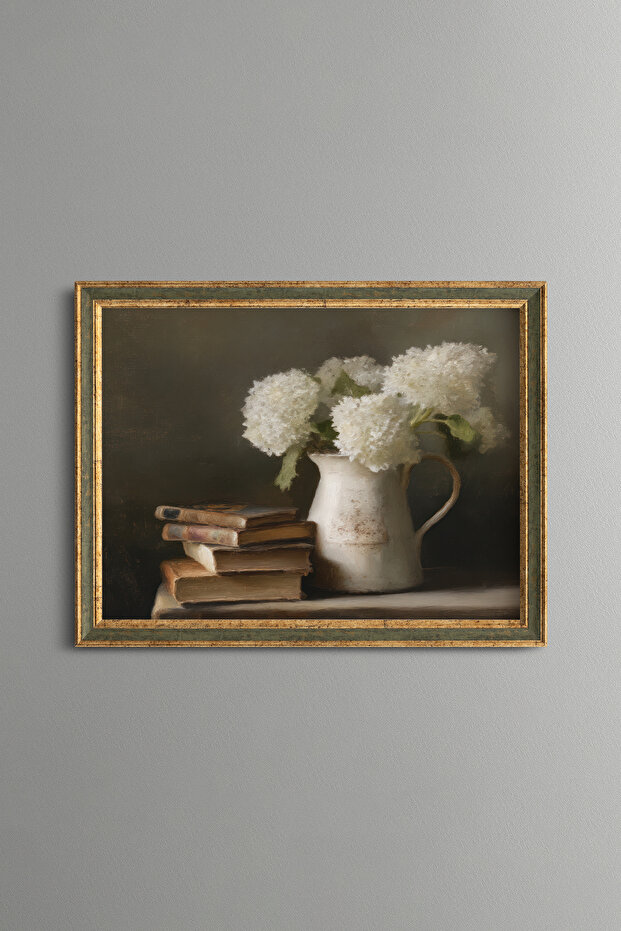 White Hydrangeas and Books Still Life - Vintage Patterned Frame - Slim Model