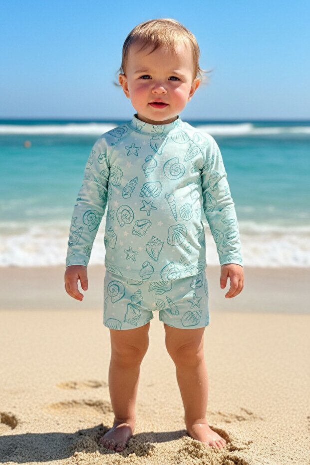 Uv Protected Long Sleeve Baby Boy Swimsuit - Mint Ocean Dream