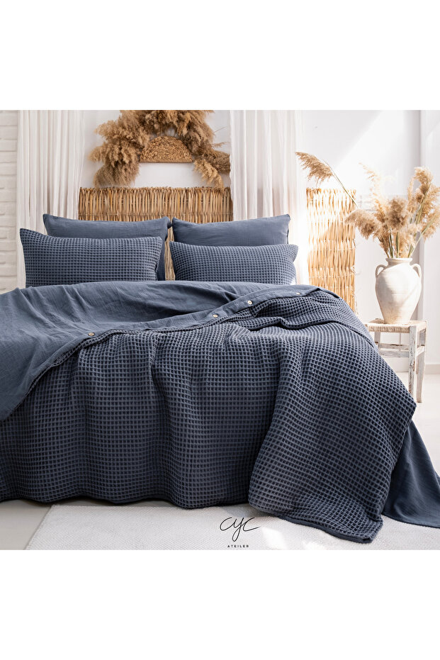 Reversible 100% Cotton Waffle Double Duvet Cover Set - Pillow Buttoned Oeko-Tex Certificates