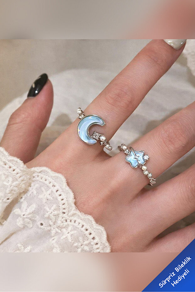 2-Piece Blue Opal Moon and Star Figure Adjustable Women's Ring Set (2 Rings)