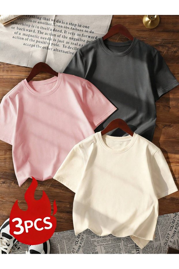 3-Pack Basic Single Jersey Plain T-Shirt - Smoked Pink Beige Oversize Short Sleeve Crew Neck