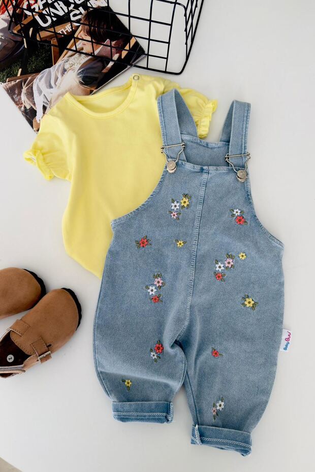 My Little Baby's Flowers and Flowers Embroidered Short Sleeve Baby Girl Set of 2 - Yellow
