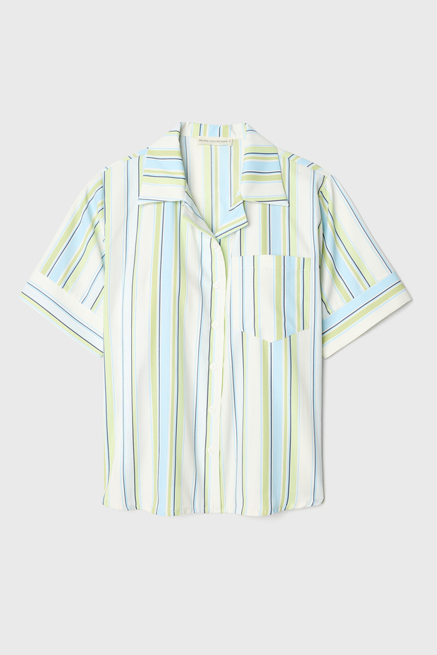 Women's Blue Single Pocket Striped Short Sleeve Shirt