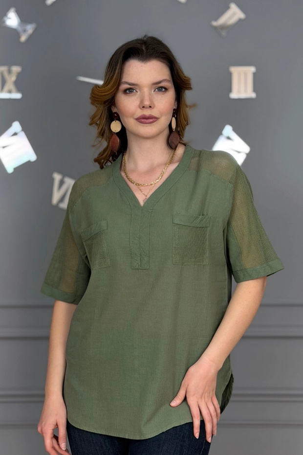 Women's Khaki Green Washed Organic Cotton Linen Fabric Shoulder and Pocket Mesh Detailed Elbow Sleeve Tunic Shirt