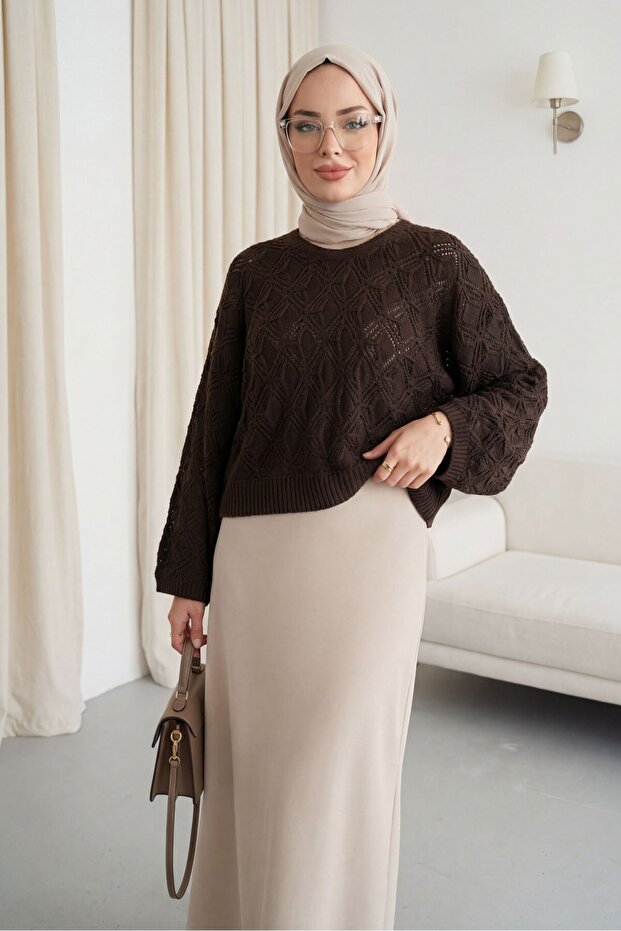 Round Neck Bat Sleeve Openwork Knitwear Sweater -K. Coffee