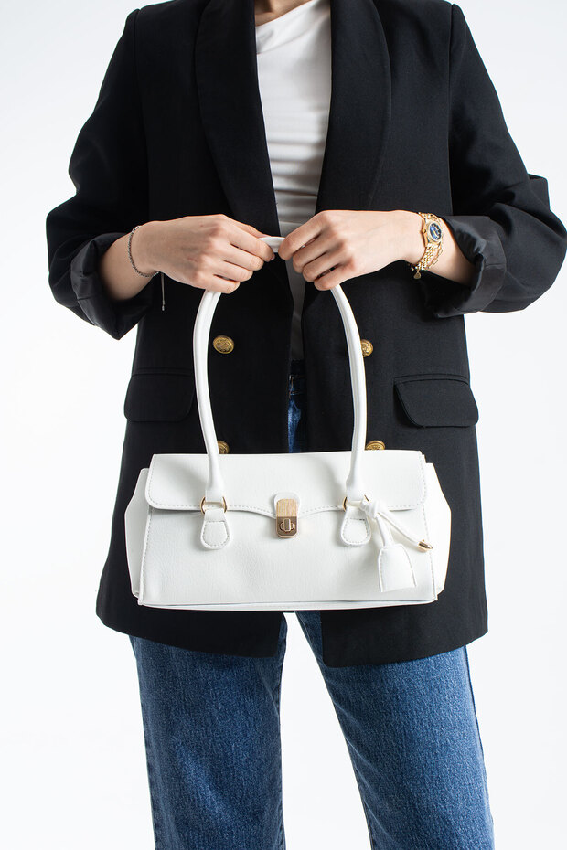 Nçs White Baguette Women's Shoulder Bag with Flap and Lock Closure