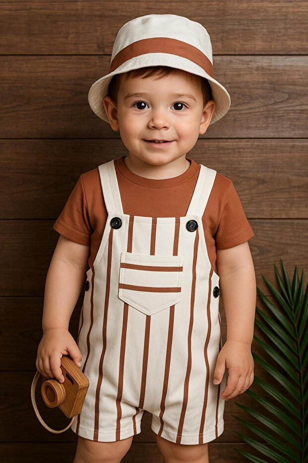 Baby Boy Hat, Snap Fastener on Shoulder, Striped Salopet, Short Sleeves, 3-Piece Set