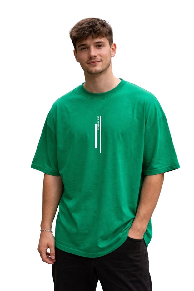 Unisex Oversize Green T-Shirt Minimal Line Print 100% Cotton Loose Streetwear Women Men T-Shirt