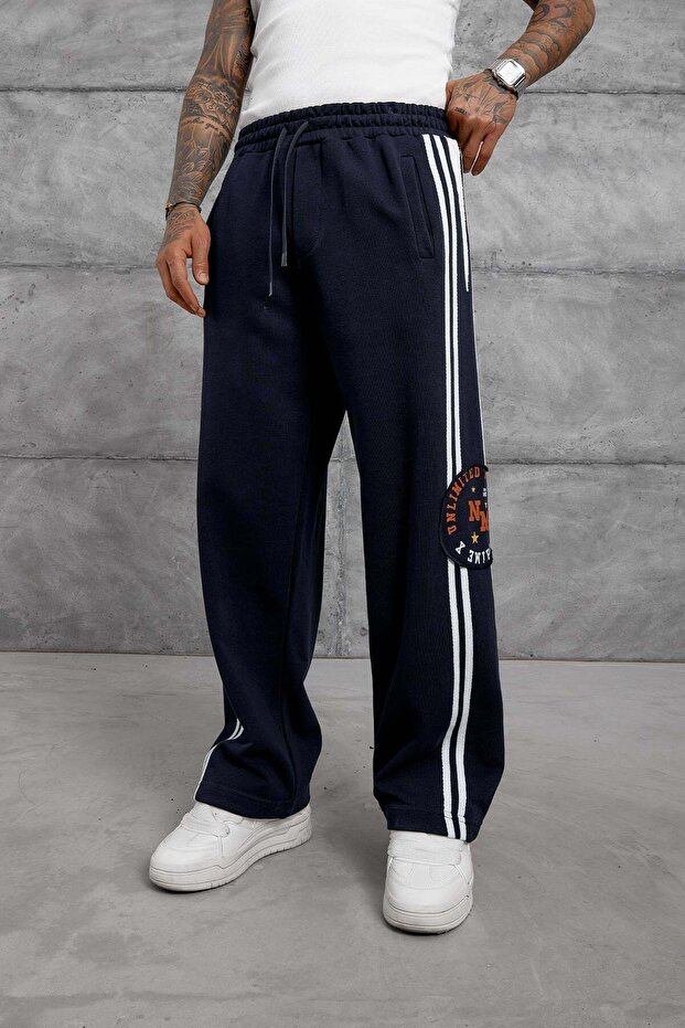 Men's Sweatpants Striped Label Detail Six Navy Blue Oversize Baggy Loose Fit