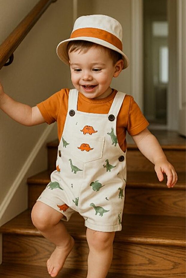 Baby Boy Short Sleeve Snap-On Shoulder Dinosaur Printed Summer Salopet Set with Badi Hat