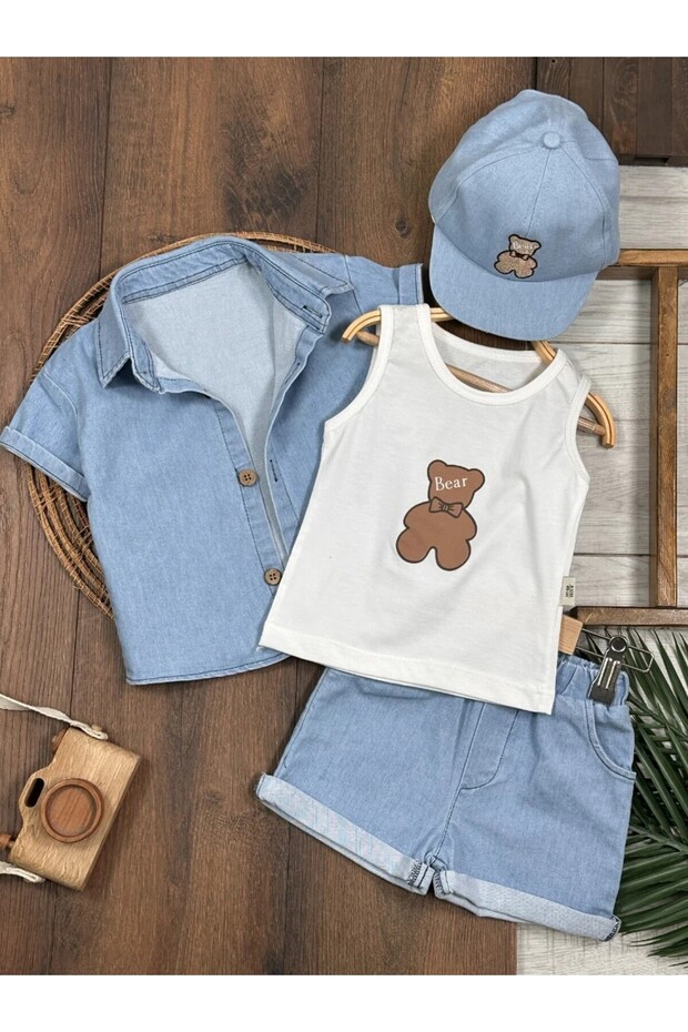 Denim Shorts, Shirt, Sleeveless T-Shirt, Bear Print, Embroidery Detail, Cap, 4-Piece Summer Baby Boy Set