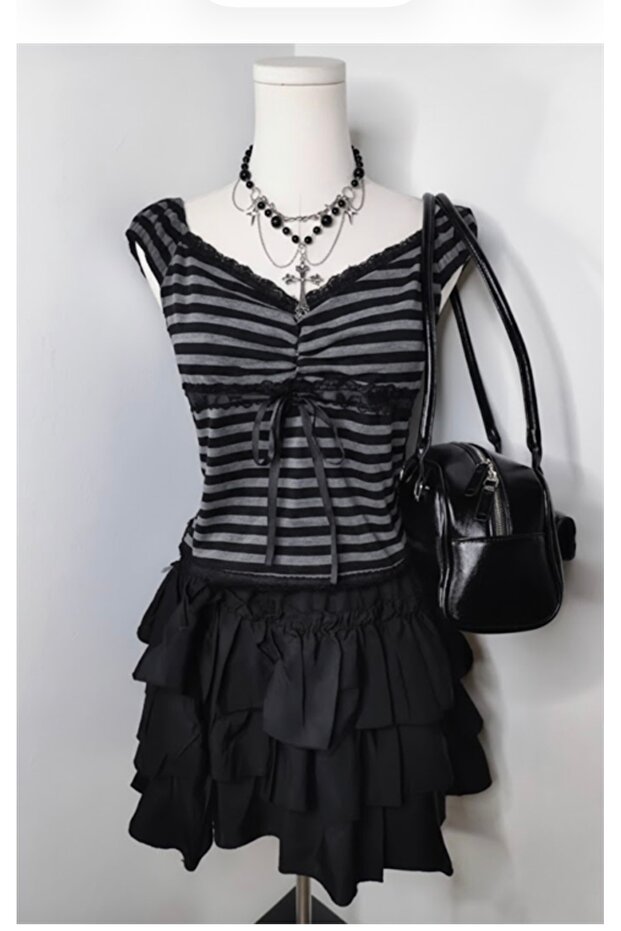 Black Anthracite Striped Grunge Bow Lace Y2K Short Sleeve Blouse