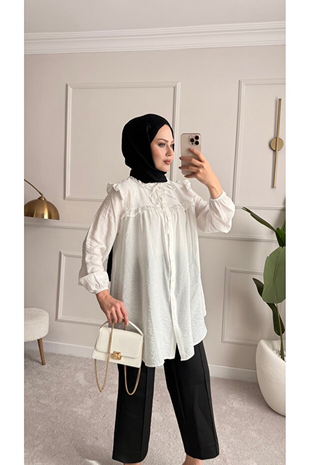Women's Ruffle Detailed Buttoned Summer Tunic – Loose Fit Stylish Hijab Tunic (Khaki, White, Plum)