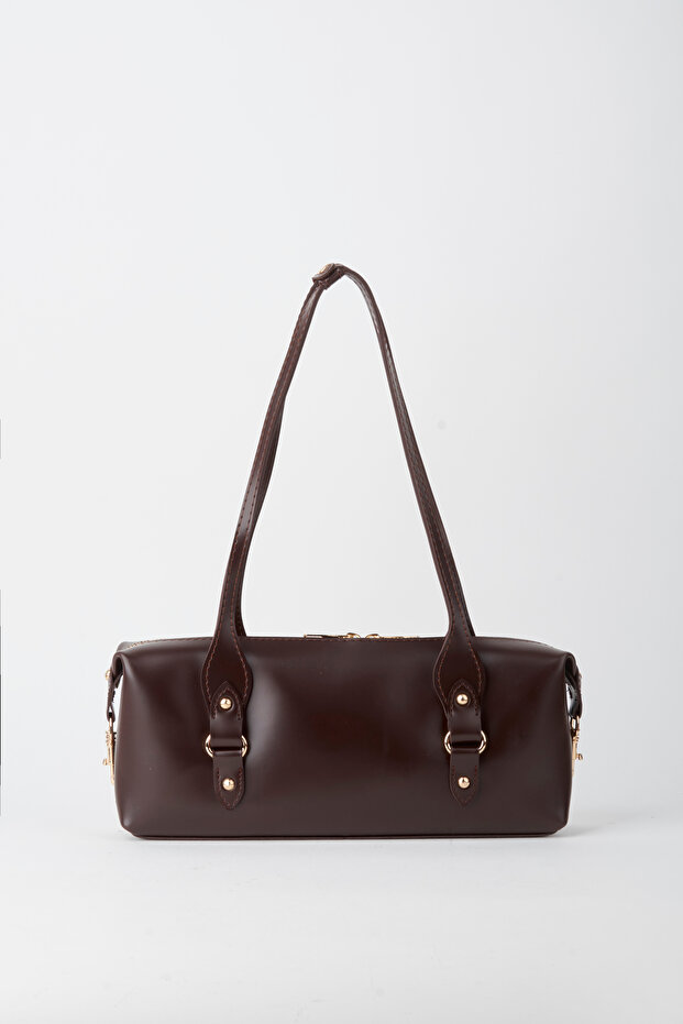 Women's Şebboy Bitter Brown Design Edged Lined Zipper Closure Baguette Handbag and Shoulder Bag