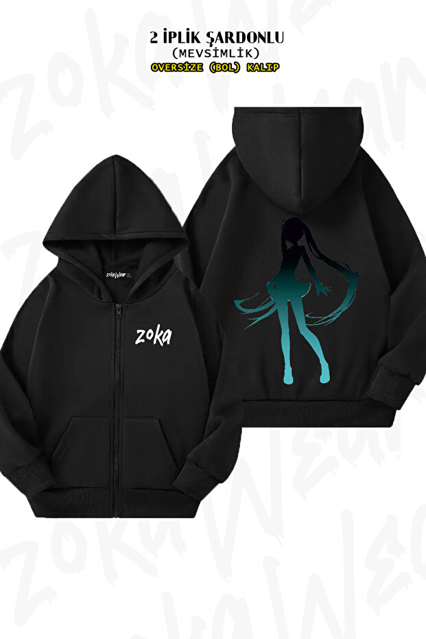 Oversize Hatsune Miku V4 Shadow Back Print Zippered Hooded Black Cardigan (2 Yarns)