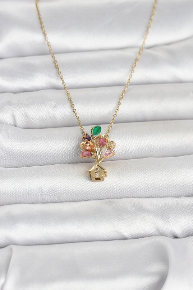 316L Steel Chain Gold Color Flying Balloon House Figure Women's Necklace