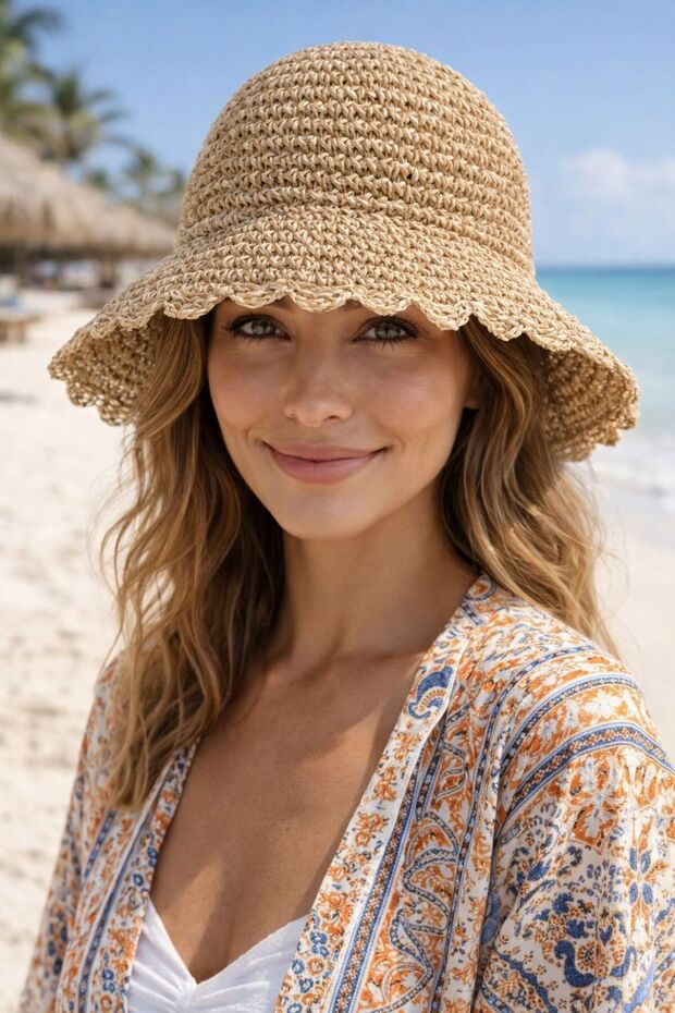 Camel Hand Knitted Straw Bucket Women's Hat