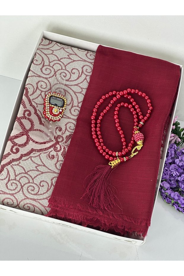 Prayer Rug and Tasbih Set Luxury Gift Taffeta Prayer Rug Pearl Tasbih Stone Zikirmatik Umrah Hajj Mawlid Gift