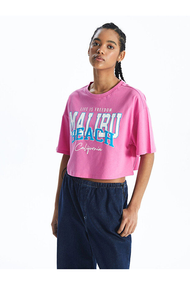 Xside Pink Crew Neck Printed Short Sleeve Oversize Women's Crop