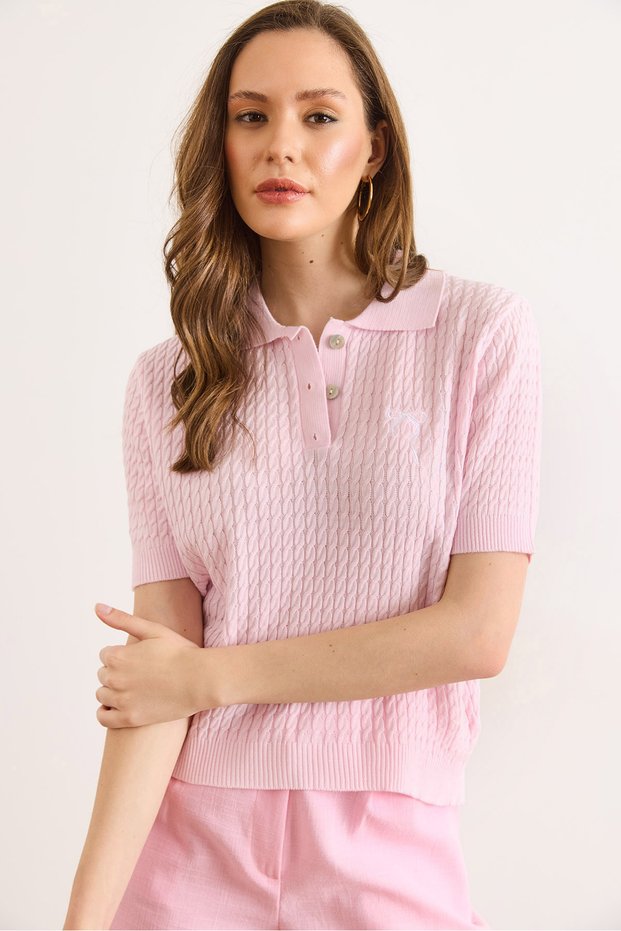 Women's Pink Bow Embroidered Polo Collar Hair Knit Seasonal Knitwear Blouse Blz-19003222